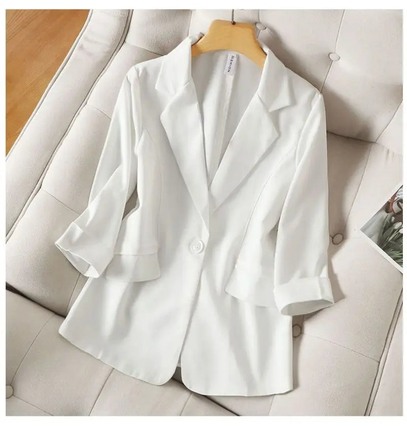 Sacou de damă albastru solid, casual, cu guler întoars, cu un singur nasture, mânecă trei sferturi, costum, blazer, jachete scurte, palton, modă 2024