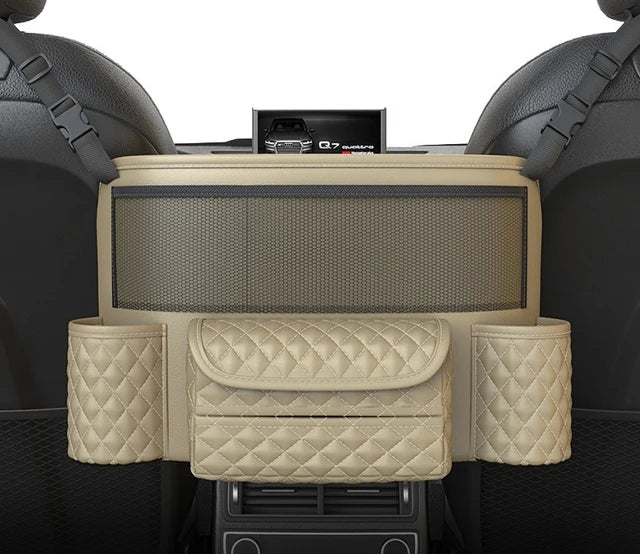 Geantă de depozitare din piele pentru scaunul auto, suport pentru geantă de mână auto de lux între scaune, buzunare pentru pahar de apă, depozitare și ordonare