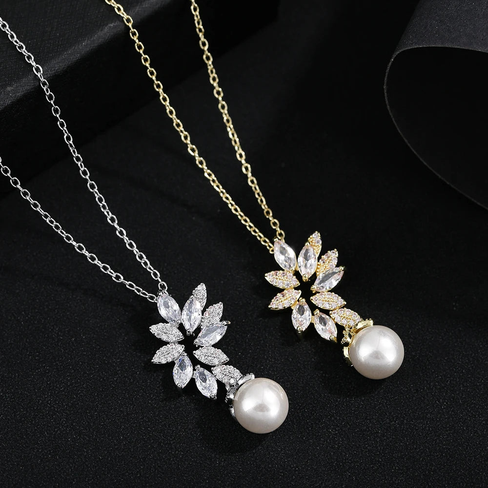 Luxus Silberfarbe AAA+ Cubic Zirkonia - Damen Große Perlen Halskette Anhänger und Ohrringe - Schmuck Sets Geschenk