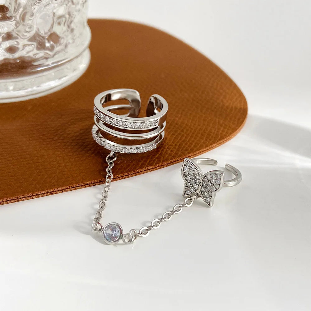 Silver Color Butterfly Ring For Women Ins Fashion Micro Inlaid Zircon Tassel Chain Double Open Rings Finger Jewelry Gifts KDR021