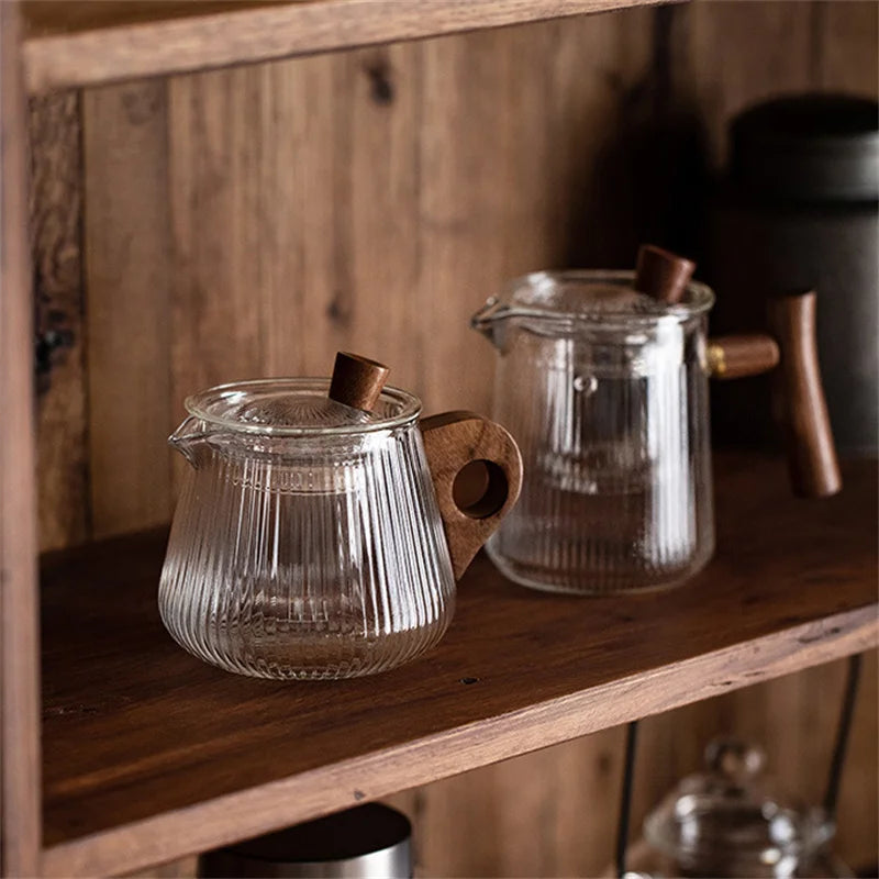 Japanese Heat Resistant Vertical Stripe Glass Tea Pot Wood Handle Teapot Kung Fu Tea Set Puer Kettle Coffee Glass Pot Teaware