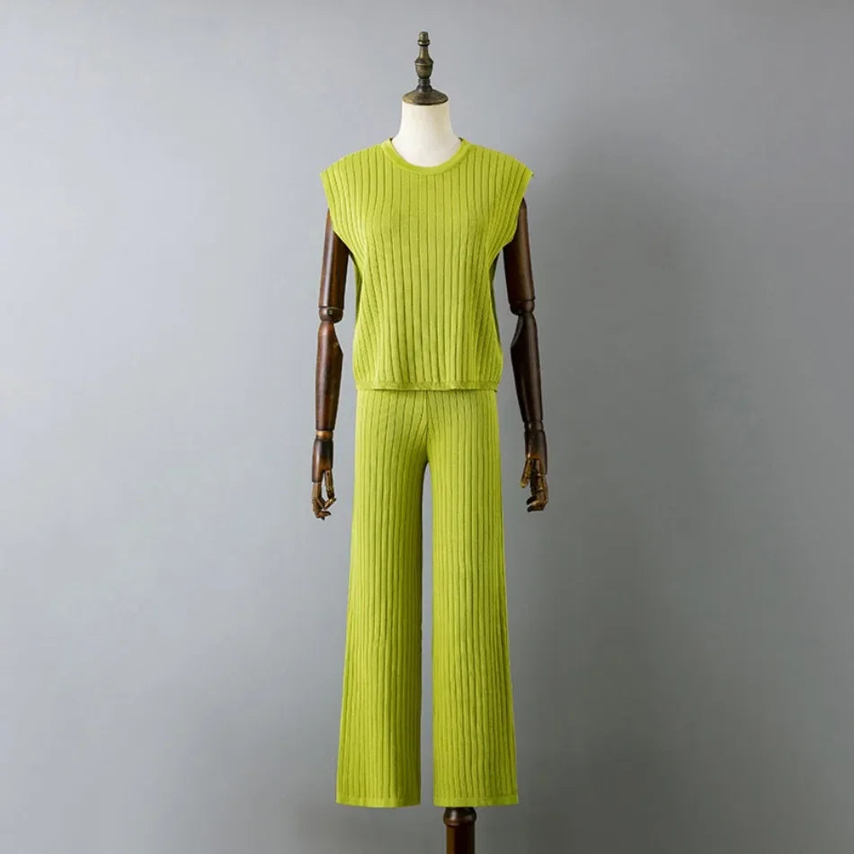 Elegant 2-Piece Sets for Women, Casual Knitting, Sleeveless, O Neck Tops, Loose Lace Up, Wide Leg Pant Set, Summer Fashion, New