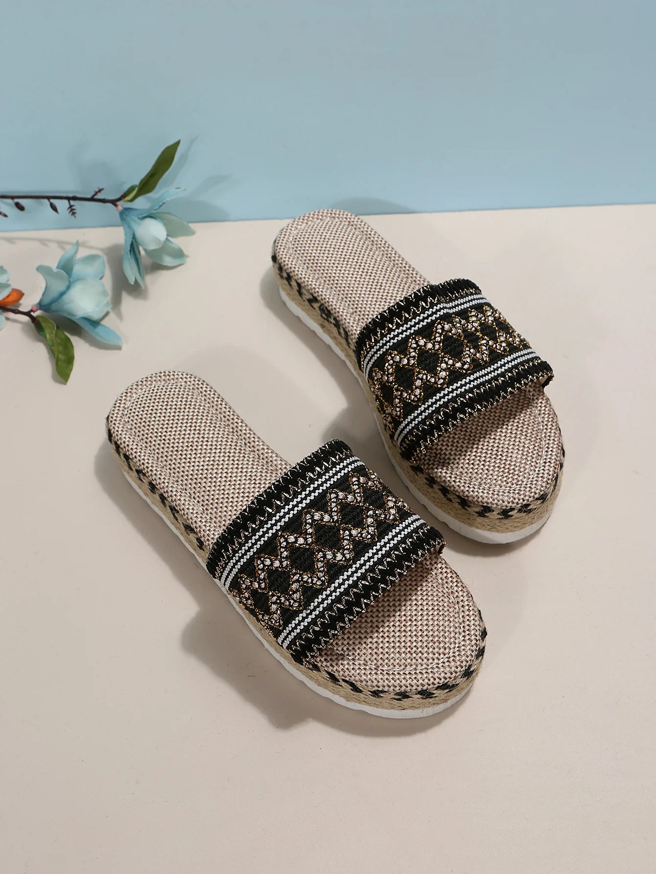Gewebte Damen Pantoletten Platform - Sommer Schuhe für Damen 2025 Neu - Strand Casual Absatz Sandalen Bohemian Handgemacht Espadrilles