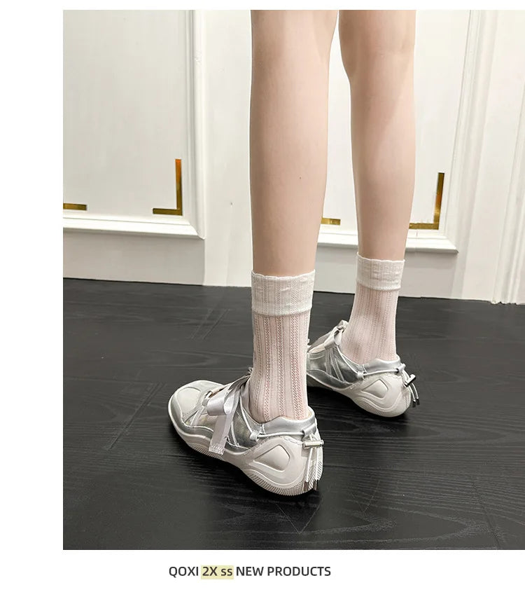 Ballet Flat Sneakers Women's Thick Bottom Bowknot Hollow Out Shoes Fashion Designer Mary Jane Ballet Comfort Shoes Female