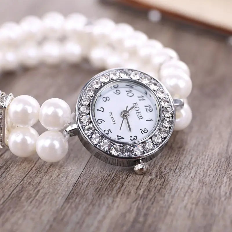 Frauen Uhr Simulierte Perlen Strass Luxus Mode Elegant Handgelenk Band Armband Schmuck Geschenke Dame Elastisch Universal Charms