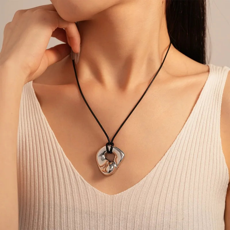 Gold Plated Geometric Circle Pendant Necklace for Women Girls Adjustable Long Leather Rope Chian Necklaces Sweater Chain Jewelry