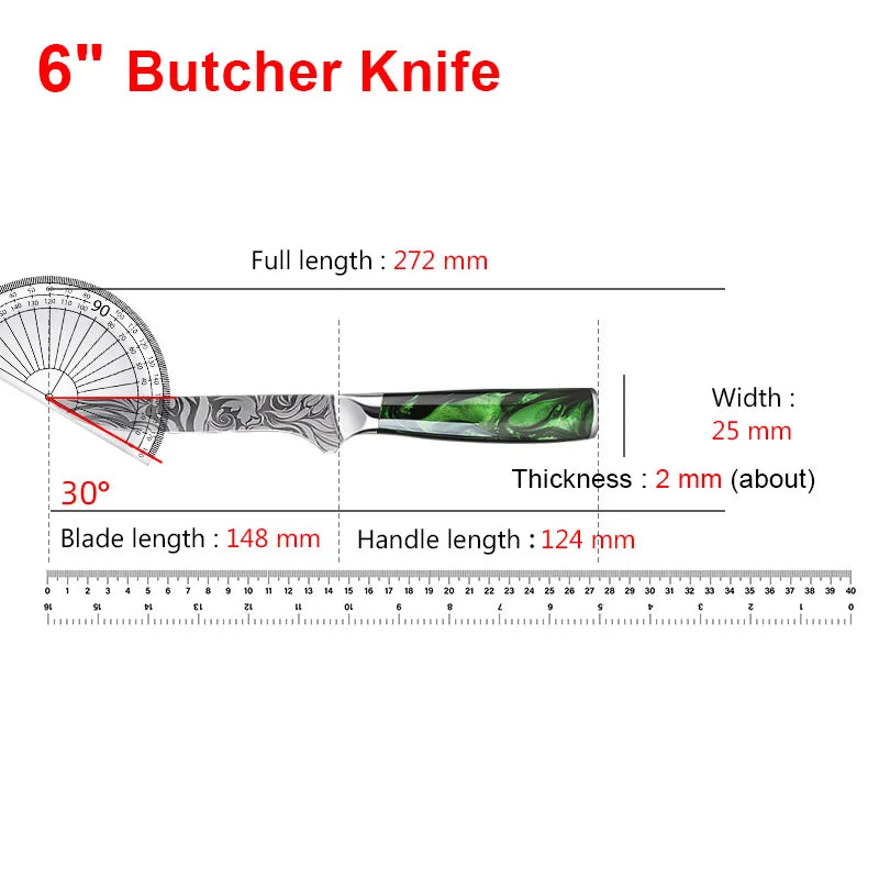 Super Sharp Damascus Pattern Kitchen Knife Set High Quality Chef Santoku Boning Paring Knife Series Green Resin Handle Nice Gift