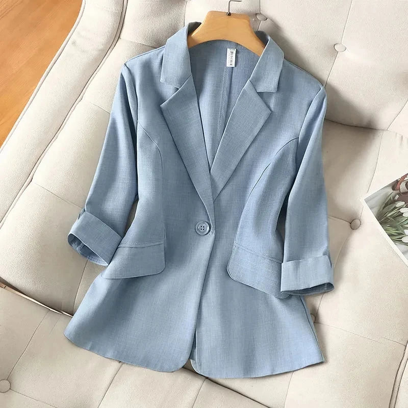 Sacou de damă albastru solid, casual, cu guler întoars, cu un singur nasture, mânecă trei sferturi, costum, blazer, jachete scurte, palton, modă 2024