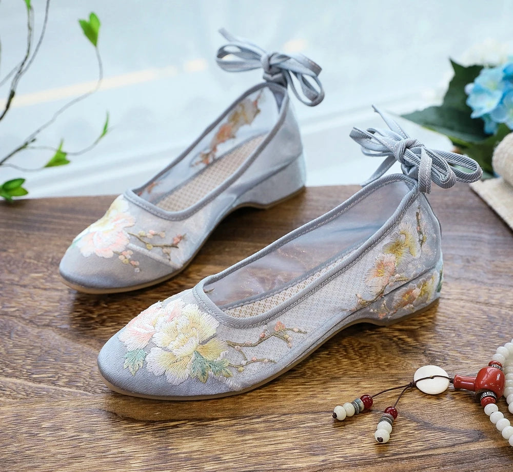 Ballerinas 2025: Veowalk Long Ankle Strap Summer Women Gauze Mesh - Embroidered Ballet Flats Breathable Comfortable Walking Shoes Elegant Lady Collection