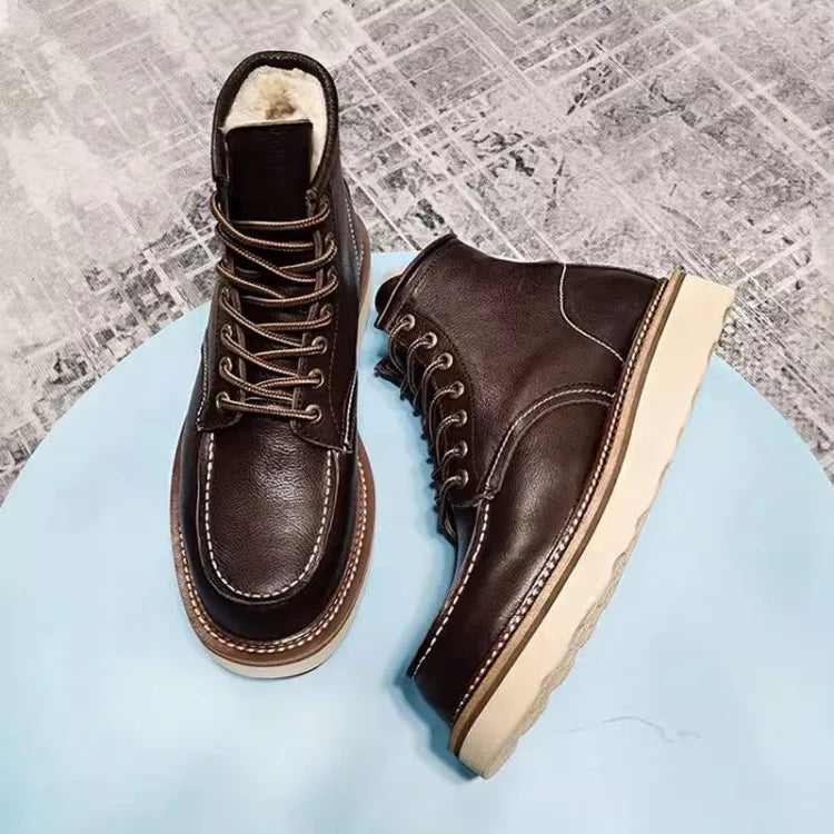 BEKEDEKECN Schneestiefel Warmes Wollfutter - Obermaterial Leder, Innenfutter Wolle, Schnürung Knöchelhoch