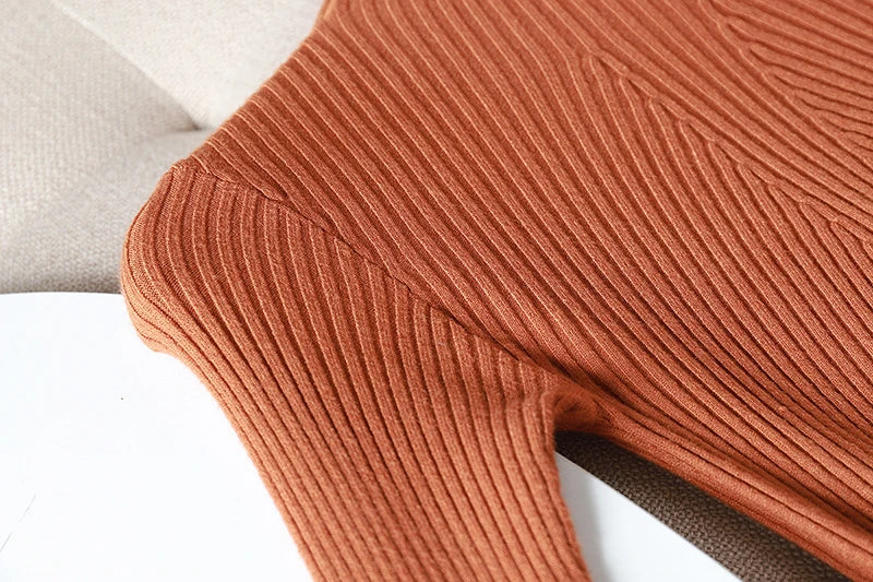 Pulover Livia cu guler înalt slim, cu nervuri - S-XL, mânecă lungă