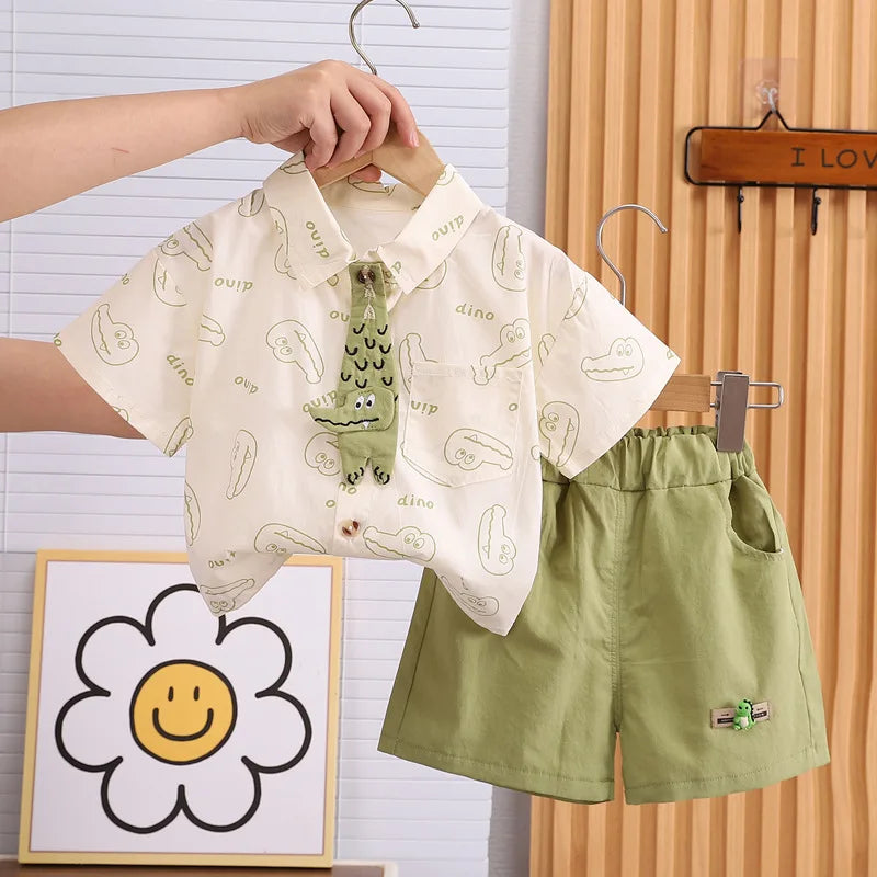 Children Clothes Sets Kids Sport Boys Causal Full Printe Crocodile Shirt Shorts with Tie 2Pcs Infant Baby Tracksuits 0-5 Ages