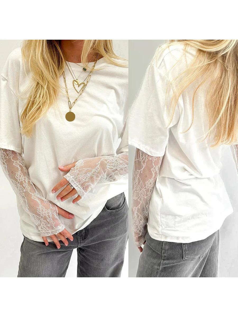 T-Shirt 2025: hirigin Women Round Neck T-Shirt Lace Long Sleeve Casual Shirts - Spring Fall Loose Fit Tops Ladies Solid Color Tee for Streetwear Y2K 00s Collection
