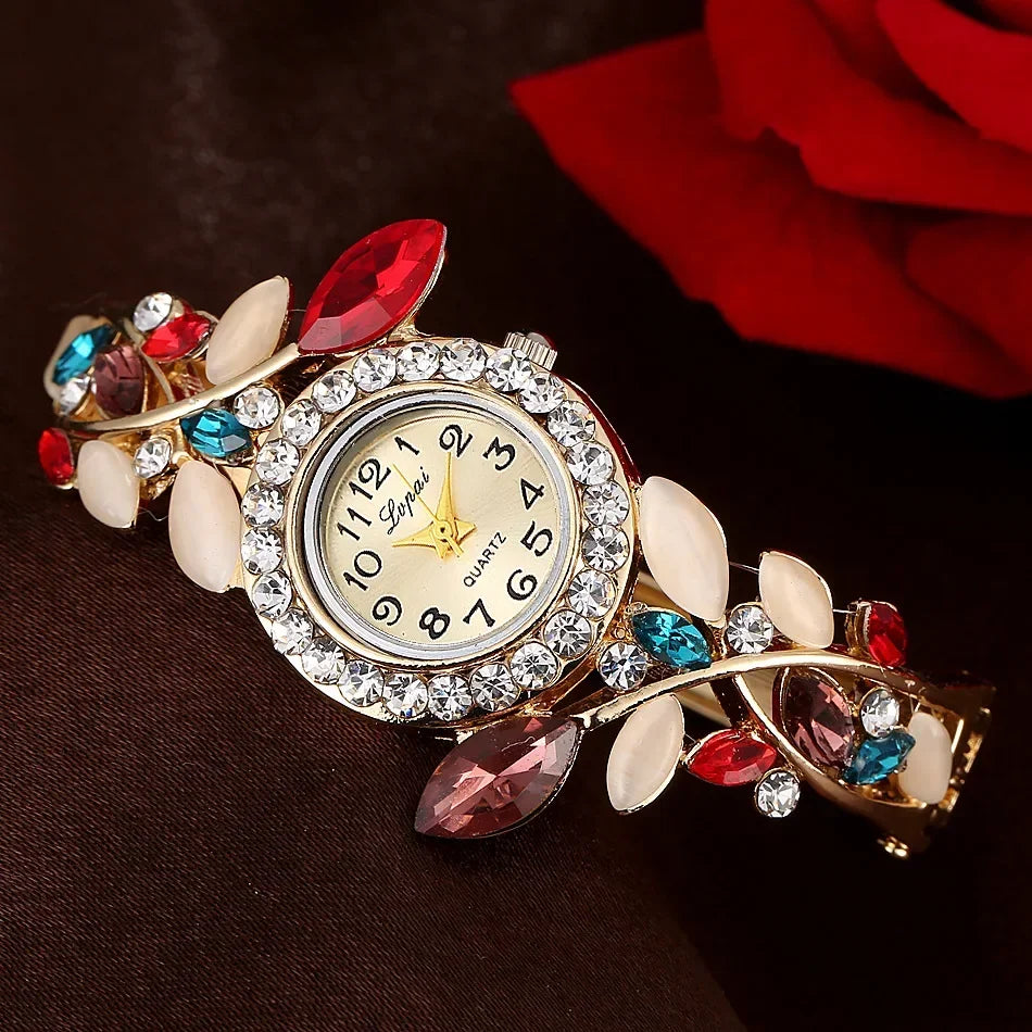 Vintage Strass Blumen Damen Uhren - Luxus Weiblich Armband Uhr Stahlband - Mode Quarz Damen Uhr Geschenk
