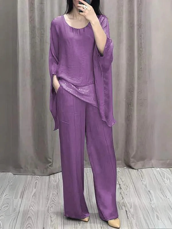 Costum elegant pentru femei, casual, cu mânecă de liliac, bluză, top, pantaloni cu picior larg, la modă, set de 2 piese, ținute de petrecere, toamna nouă 2024