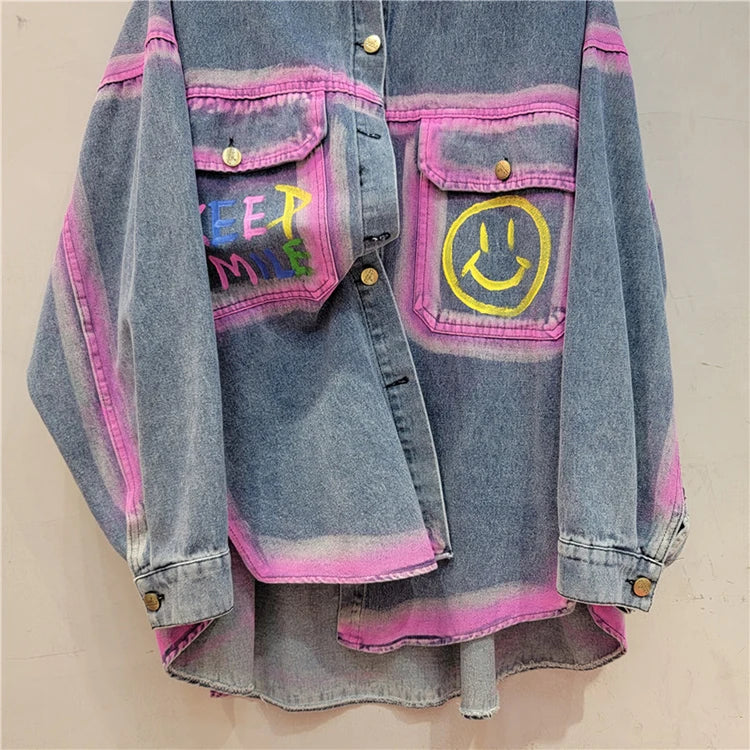 Blue Print Denim Shirt Jacket Women Loose Casual Fashion Tops European Station 2024 Autumn New Streetwear All-Matching Blouse