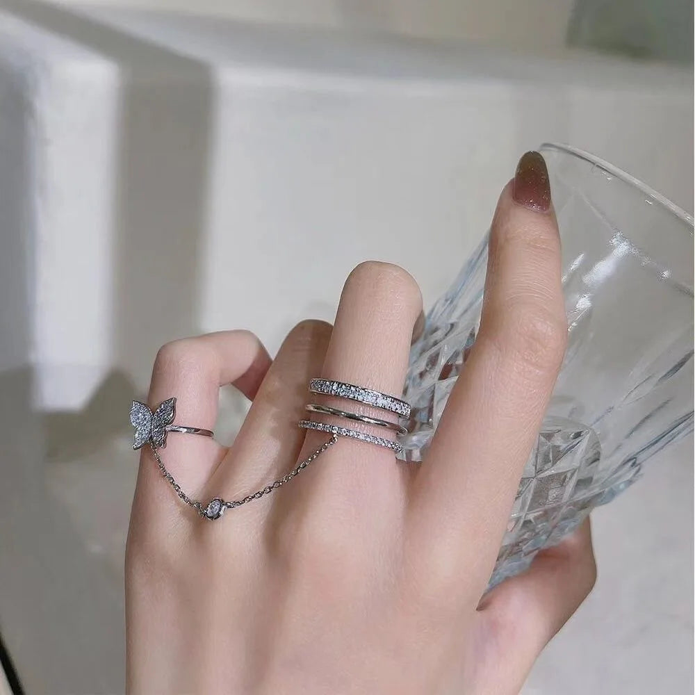 Fashion Double-Layer Cross Zircon Ring For Women Gold Silver Color Adjustable Finger Rings Bling Korean Elegant Jewelry Gift