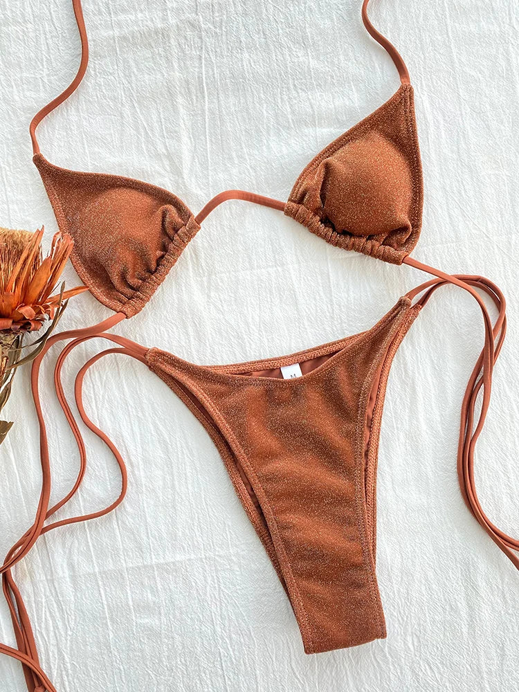 Miyouj Glänzender Bikini-Set - Dreieck-Bikini mit Bandage-Schwimmanzug für Frauen