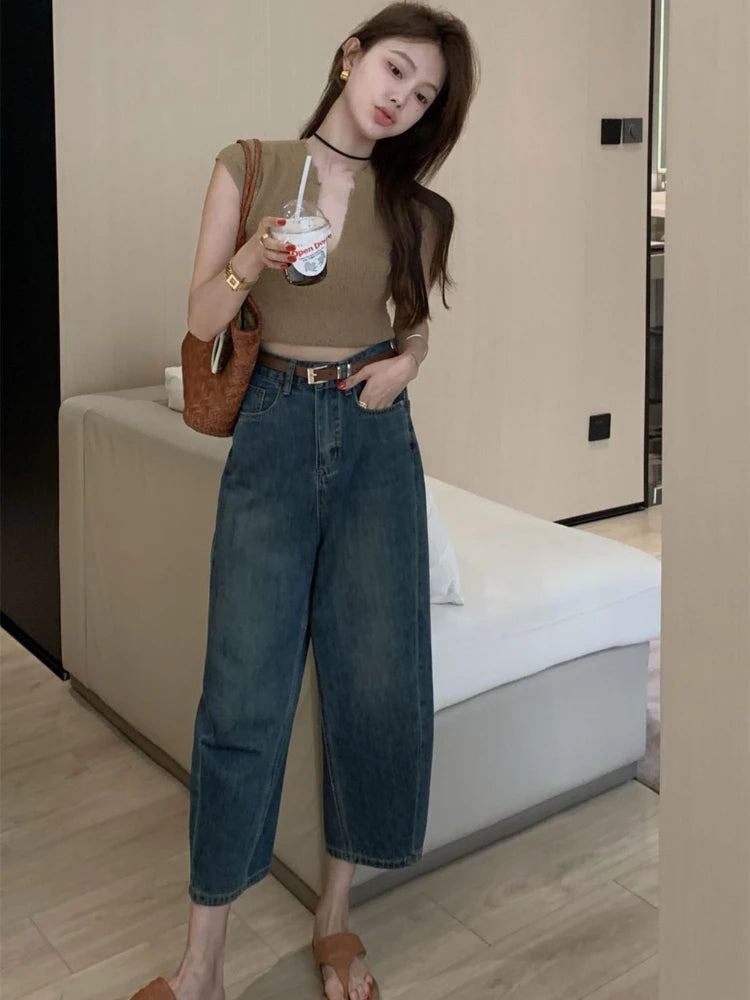 Jeans Women Solid Vintage All-match Spring Ladies Creativity Cool Simple Korean Style Daily Gentle Tender Graceful Age-reducing