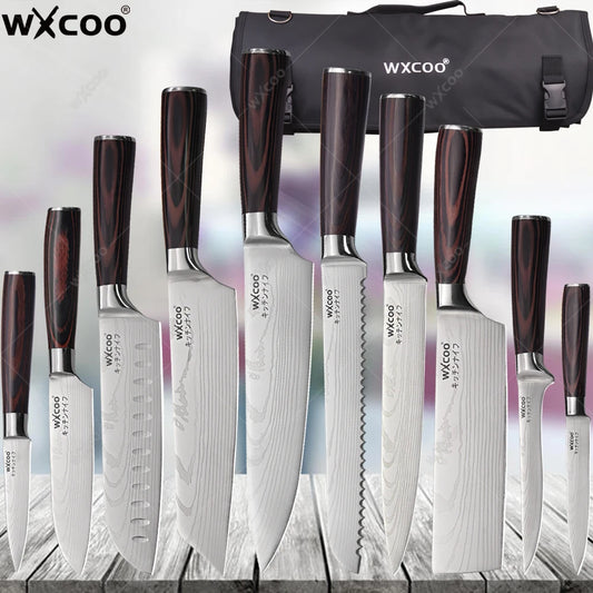 WXCOO Professional Kitchen Chef Knife Damascus Steel Laser Pattern Santoku Knife Double Side Magnetic Kitchen Knife Block