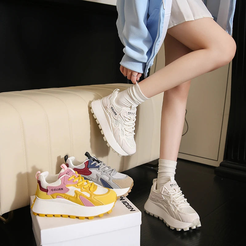 Women‘s Trendy Color-blocked Brand Design Thick-soled Sneakers 2024 Spring and autumn New  Lace-up Mesh Breathable Tennis Shoes