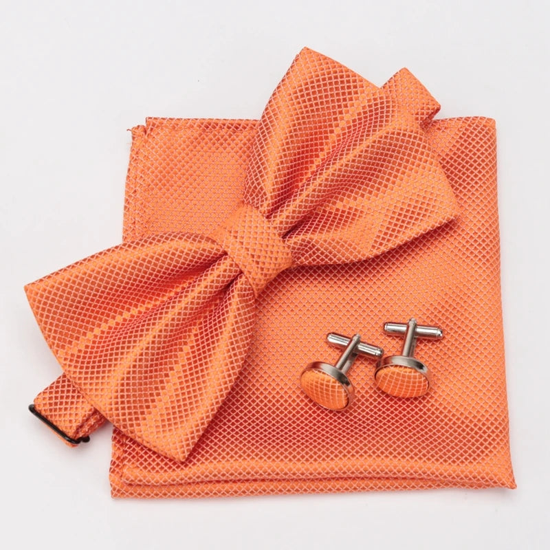 Men Bowtie Set 3pcs Plaids Classic Fashion Wedding Party Formal Cufflinks Bow Tie Handkerchief Cuff Links Lots Three Piece Set