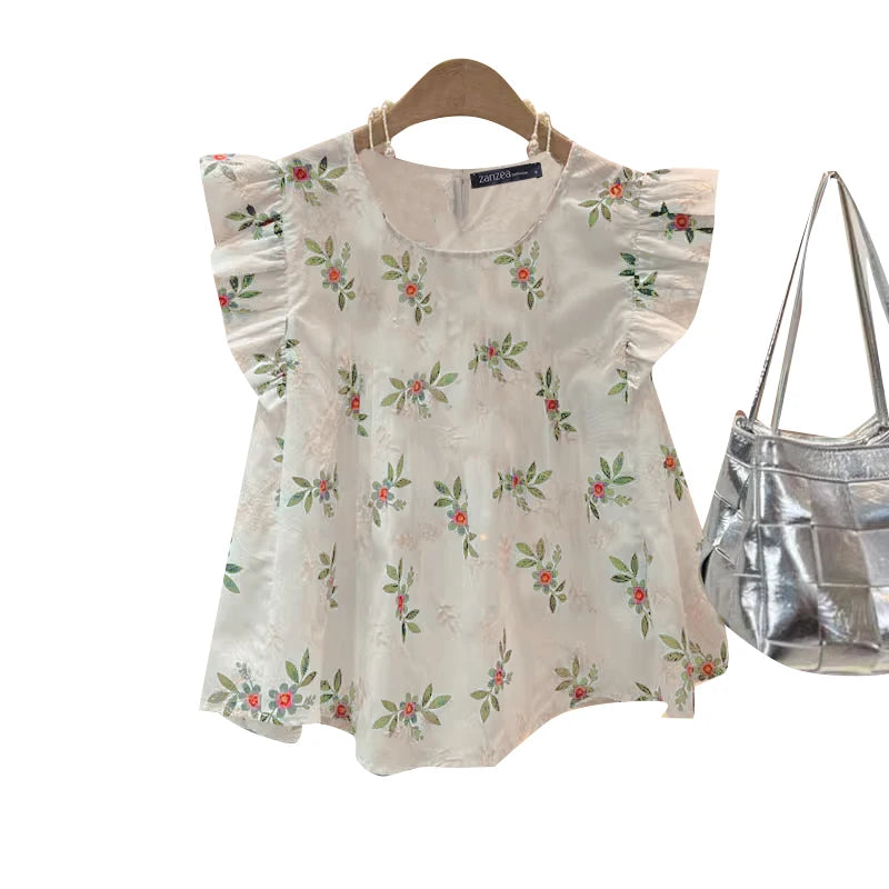 ZANZEA Fashion Spliced Ruffles Floral Blouses Women 2024 Summer Casual O Neck Embroidery Blusas Streetwear Sleeveless Tunic Tops