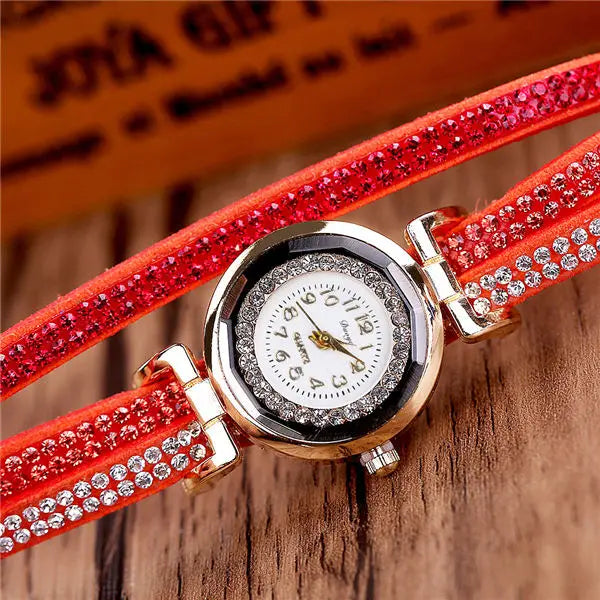 Damen-Uhr 2025: MOONBIFFY Fashion Casual Gold Quartz Women Rhinestone Watch - Braided Leather Bracelet Watch Gift Ladies Wristwatch Relogio Feminino Gift Collection