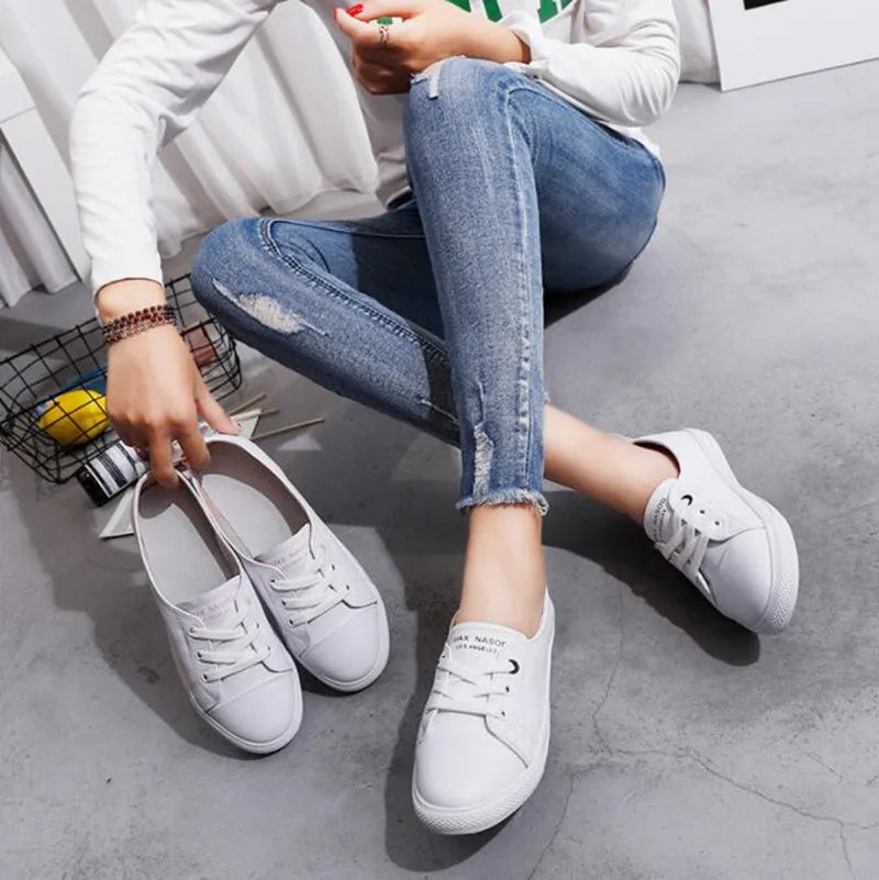 Women's Genuine Leather Sneakers Women Casual Fashionable Sports Shoes Vulcanized Woman Summer Flat Shoe Ladies White Lacing 42