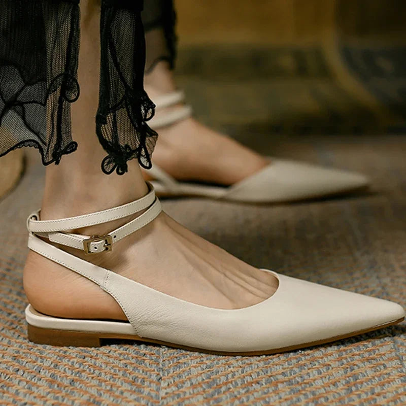 New 2025 Summer Trend Women Sandals Genuine Leather Slingbacks Closed Pointed Toe Apricot Beige Flat Shoes Ankle Strap Ladies
