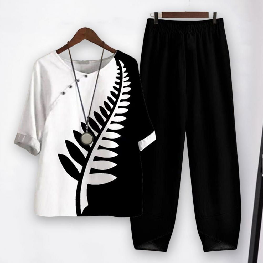 Elegant  Women Outfit Breathable Flower Pattern Blouse Trousers Half Sleeves Soft Blouse Pants Spring Clothes