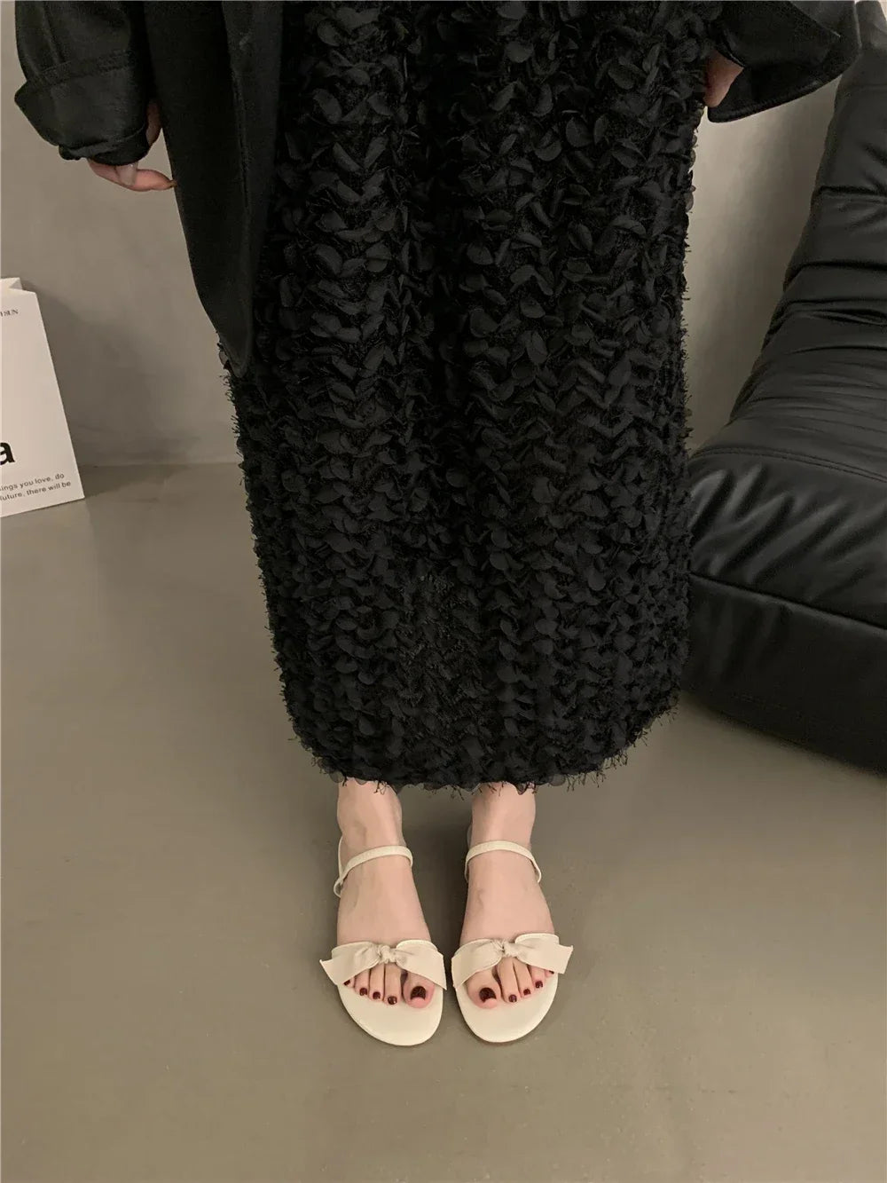 Flat Bottomed Slippers for Women Summer Bow Shaped Slimming Straight Strap Flat Sandals Women's Open Toed French Slippers Womens