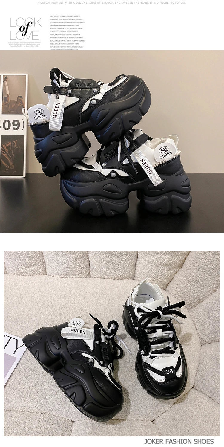 White Chunky Sneakers Women New Autumn Hidden Heel Platform Sports Dad Shoes Woman Lace Up Breathable Mesh Casual Shoes 9.5CM
