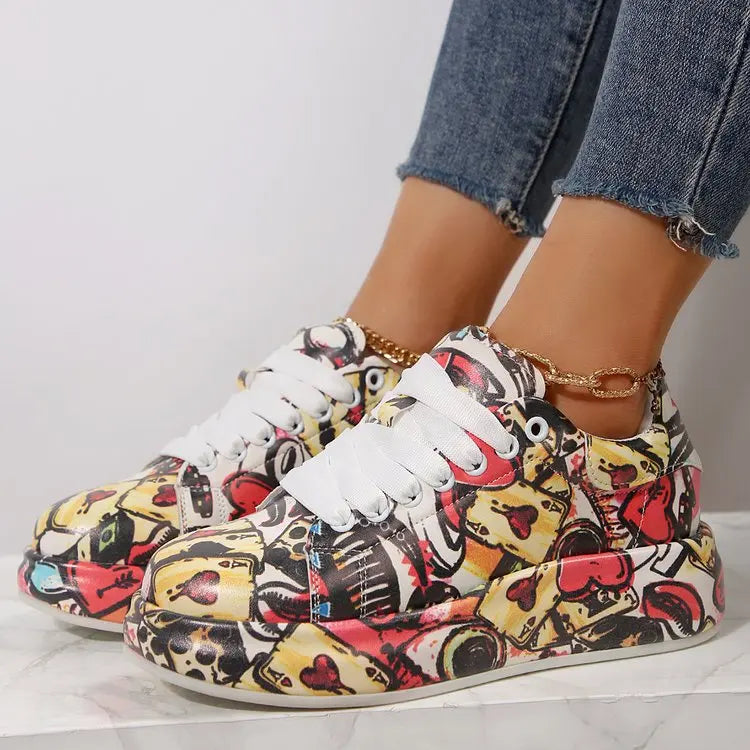 Women Sneakers Thick-soled Increased Women Sneakers New Hand-painted Graffiti White Women Shoes Outdoor Casual Shoes Plus Size