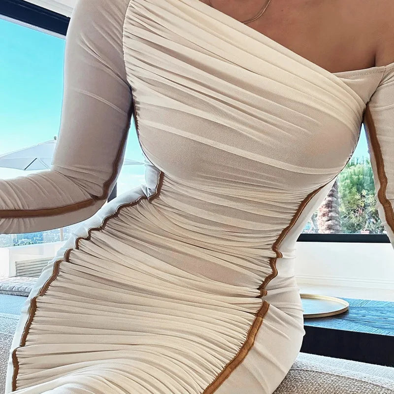 Elegant Women Dresses Diagonal Collar Long Sleeve Two Layer Mesh Backless Pleated Bodycon Sexy Club Party Evening Dress