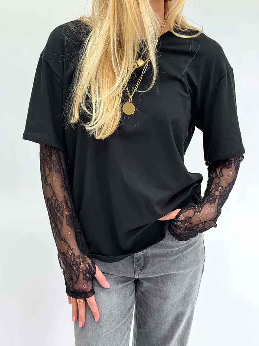 T-Shirt 2025: hirigin Women Round Neck T-Shirt Lace Long Sleeve Casual Shirts - Spring Fall Loose Fit Tops Ladies Solid Color Tee for Streetwear Y2K 00s Collection