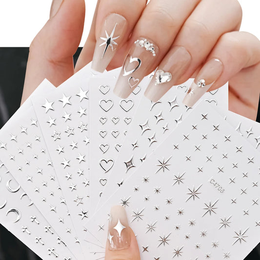 MAFANAILS Metal Silber Nagelsticker - 6 Stück 10x8cm 3D