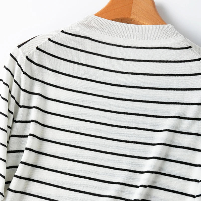 Women Knit T-Shirt 70% Mulberrry Silk 30% Cotton Round Neck Stripes Short Sleeve Sweater Pullover Top Shirt L XL XXL LY040