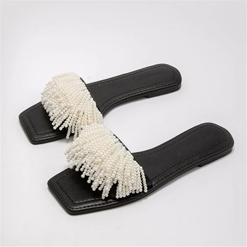 Pearl Beads Women Slippers Blue Flat Shoes Female Summer Outside Slides Ladies Casual Beach Slipper Handmade Gladiator Sandals