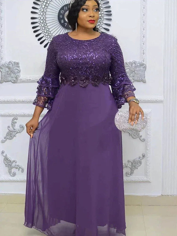 Elegant Women Evening Dresses Luxury Sequin Chiffon Long Dress African Dashiki Outfits Party Prom Birthday Gowns Female Clothing - Golden Bridge Store