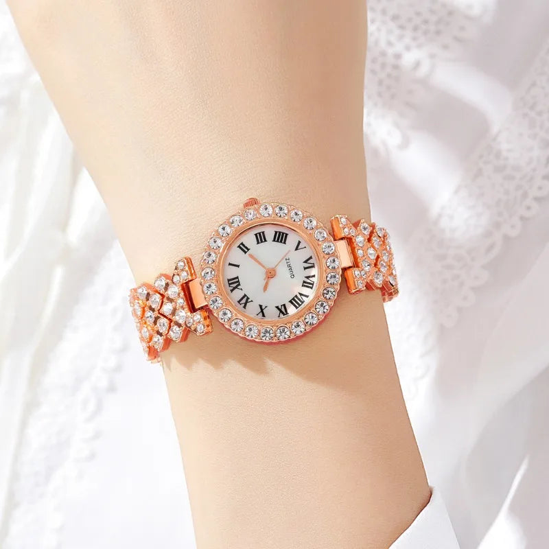 Mode Luxus Vollkristall 5-teiliges Set - Uhr Halskette Ohrringe Ring Set für Damen - Strass Armbanduhr Damen Armband Set Geschenk