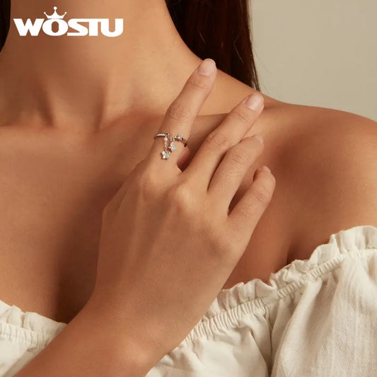 WOSTU 925 Sterling Silver Butterfly Link Open Rings For Women Delicate Shiny Zircon Adjustable Ring Fine Party Jewelry Gift