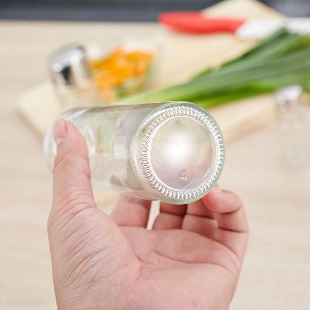 Seasoning Bottle Set Condiment Holder Rack 4 in 1 Oil Vinegar Dispensers Salt Pepper Shakers Glass Cruet Set with Caddy Stand