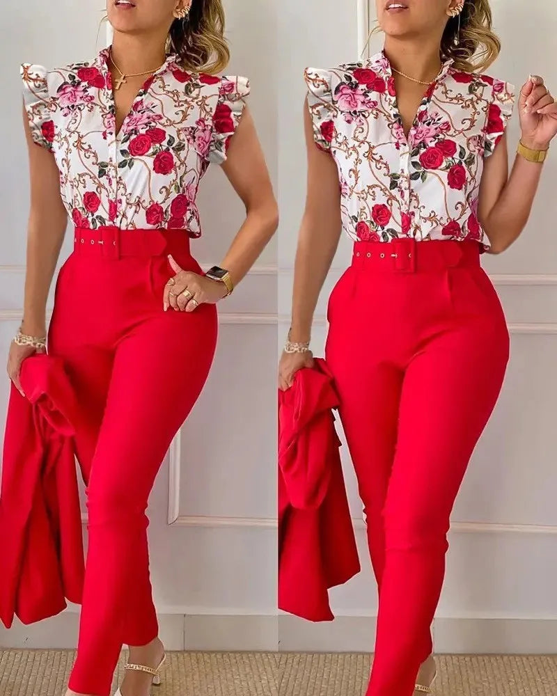 Femei elegante două piese set costume la modă nouă imprimate cu mâneci cu volane top culoare solidă pantaloni set cu curea bluze îmbrăcăminte feminină
