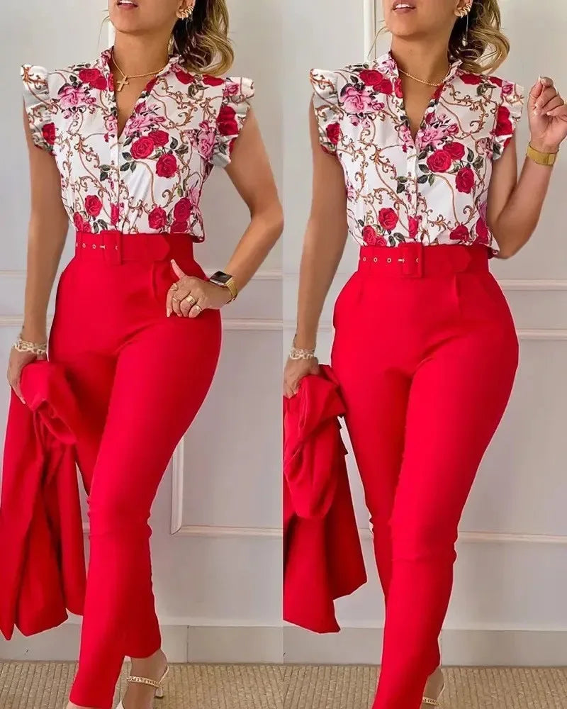 Elegant Women Two Piece Set Suits New Fashion Printed Ruffle Sleeve Top Solid Color Pants Set With Belt Blouses Female Clothing - Golden Bridge Store