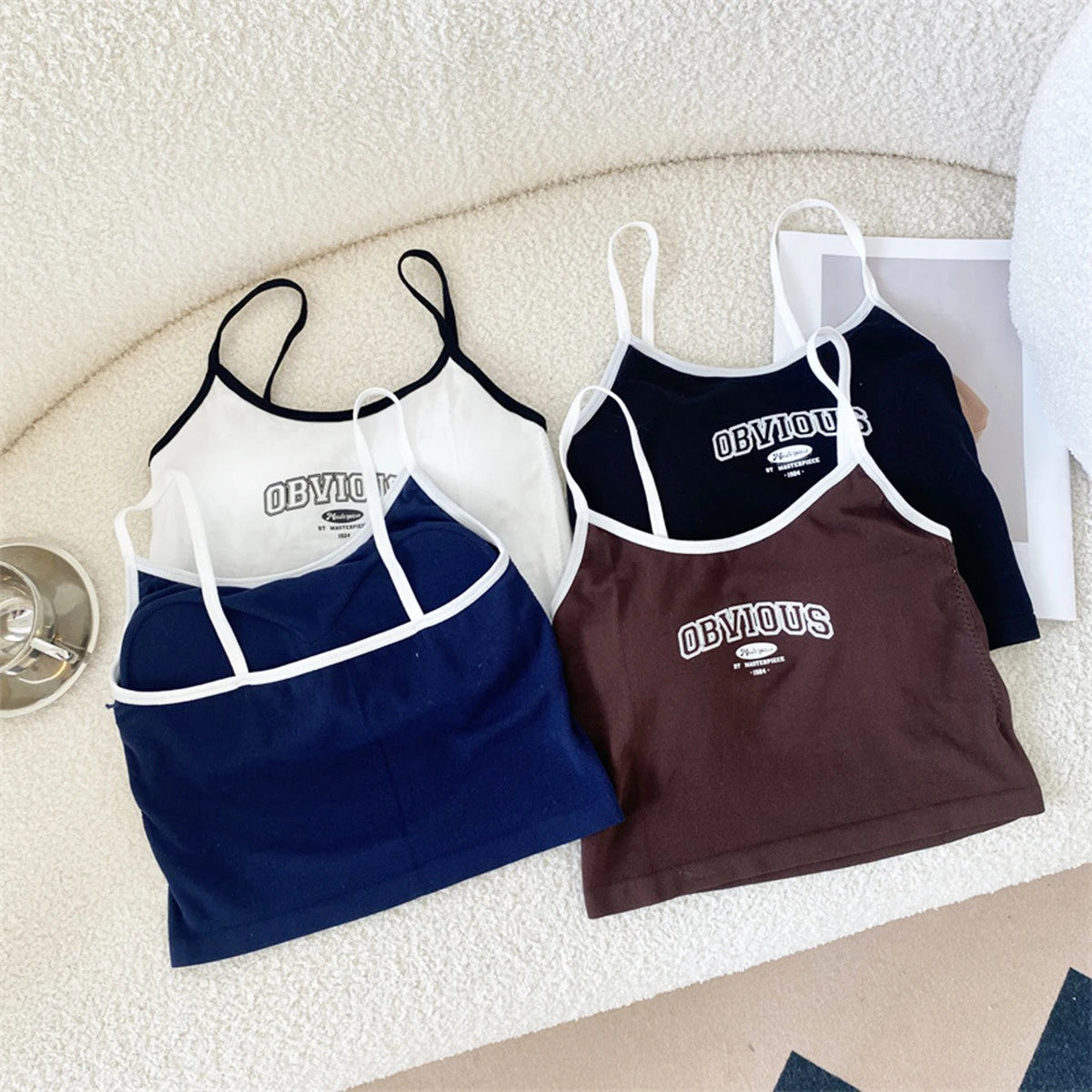 Women Tops Tank Padded Bra Crop Tops O-neck Solid Color Crop Tops Summer Letter Printing Spaghetti Camisole Top Edgy Clothes Y2k