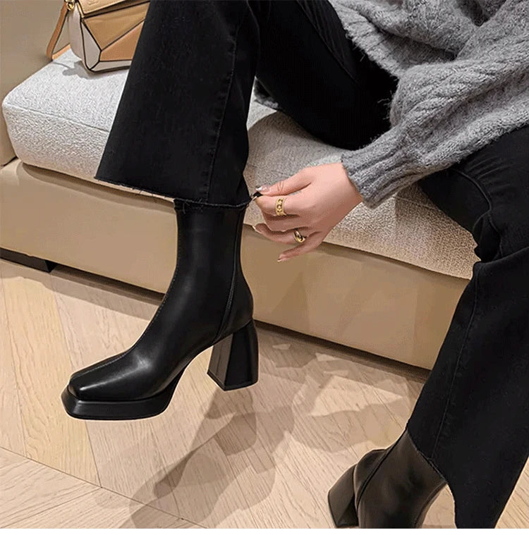 Ohmmayby Vintage Square Toe Damen Stiefeletten Mit Reißverschluss Hinten - Größe EU 37-41, Absatzhöhe 5-8 cm, Knöchelhöhe