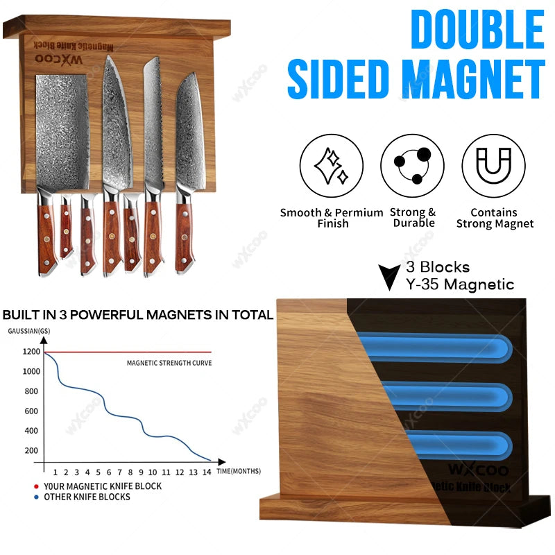 WXCOO Professional Kitchen Chef Knife Damascus Steel Laser Pattern Santoku Knife Double Side Magnetic Kitchen Knife Block