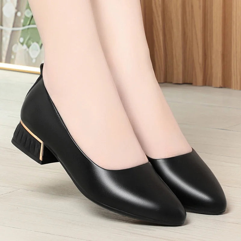 Simple Soft Leather Thick Heel Single Shoes For Women In Summer New Pointed Toe Low Heel White Work Shoes Elegant Comfortable