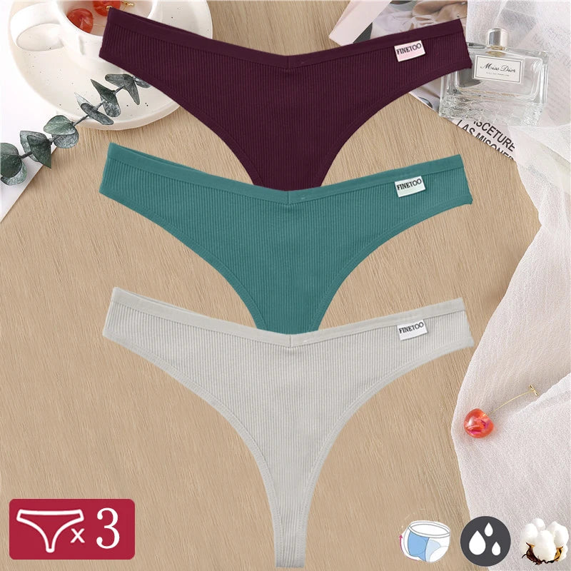 finetoo Damen Strings 2025 - 3er-Set Baumwoll-Strings V-Bund einfarbig & atmungsaktiv